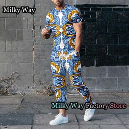 Mens Tracksuits Summer Men Luxury Tracksuit 2 Pieces Vintage TShirt Trousers Set Gold HighEnd Print Outfit Male Fashion Jogging Suit Clothing 230817