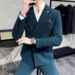 Men's Suits 10 Colours Korean Style Slim Double Breasted Suit 2-pcs Male Premium Edition Groom And Man Dress Business Social Office