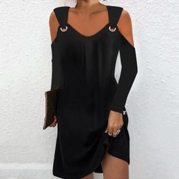 Casual Dresses Comfortable Solid Color Dress Women Mini Chic Women's V-neck Cold Shoulder Trendy Metal Buckle For Spring