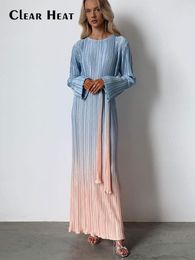 Basic Casual Dresses Gradient Tie Dye Long Sleeve Maxi Dress For Women Fashion Oneck Straight Loose Pleated Vestidos Female Elegantstreetwear Robe 230817