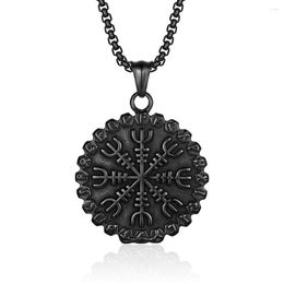 Pendant Necklaces Vintage Nordic Viking Character Compass Men's Necklace Round Stainless Steel Punk Jewelry