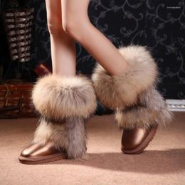 Boots Fashion Waterproof Women Winter Big Natural Fur Snow Genuine Leather Female Shoes Non-slip Rubber Soles
