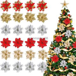 Decorative Flowers Wreaths 10/5pcs Artificial Christmas Poinsettia Tree Decorations Ornaments Xmas Wreath DIY Floral New Year Home Decor HKD230818