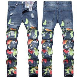 Men's Jeans Hip Hop Style Torn Hole Re Washed Digital Multiple Colour Printed Pure Cotton Small Straight Tube for Men