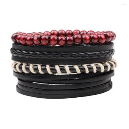 Charm Bracelets 4pcs/set Boho Gypsy Hippie Punk Black Leather Beige Cord Wrap Knots Red Wooden Beads Layers Adjustable Set For Man