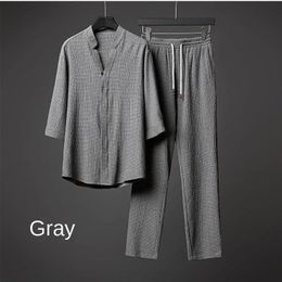 Mens Tracksuits Summer mens twopiece linen fabric casual Tshirt and trousers suit sports fashion short sleeved sportswear 230817