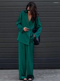 Women's Two Piece Pants Chic Fashion Satin Lapel Shirts Coat Wide Leg Pant Set Blazer Suit Women Streetwear Autumn Spring Outfit