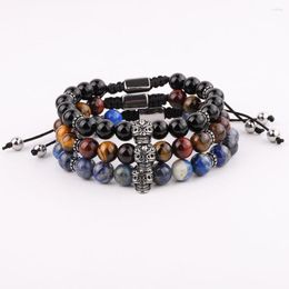 Strand Top Quality Natural Stone Stainless Steel Skull Black Agate Gemstone Macrame Bracelet For Men Jewelry Gift