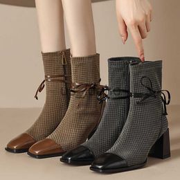 Boots Winter New Women High Heels Shoes Chunky Square Toe Bow Chelsea Ankle Boots Brand Trend Retro Zipper Boots Pumps Sock Boots J230818