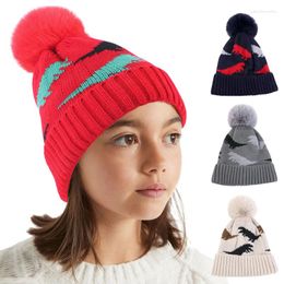 Berets Fur Pom Beanie Hat Parent Kids Warm Knitted Winter Hats Baby Girls Boys Pompom Beanies Cap Ski Cute Print