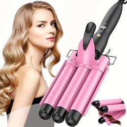 3 Barrel Curling Iron Wand Dual Voltage Hair Crimper-1 Inch Ceramic Tourmaline Triple Barrels, Temperature Adjustable Portable Hair Waver Heats Up Quickly (Pink)