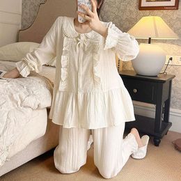 Women's Sleepwear Unikiwi Women Princess Turndown Collar Pajama Set Cotton Embroidery Lace Tops Pants.Vintage Lady Pyjamas Nightwear