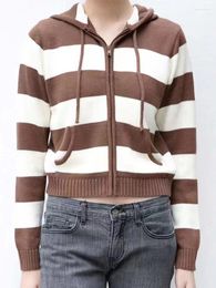 Women's Knits Brown Striped Zipper Cardigan Women Autumn Casual Soft Cotton Warm Long Sleeve Knit Hooded Sweater Vintage Classic Y2k Tops