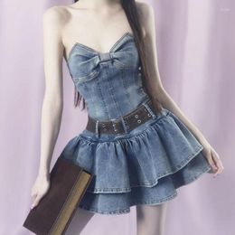 Casual Dresses Y2K Vintage Women Korean Sexy Wrap Chest Belted Pleated Denim Dress Aesthetic High Waist A-line Alt Clothes