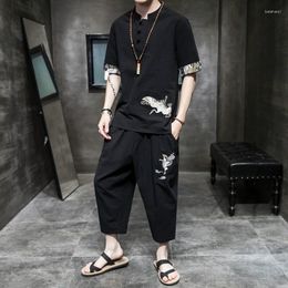 Men's Tracksuits Black Chinese Style Summer Antique Short Sleeve Suit Embroidered T-shirt Cotton Linen Tang Fashion