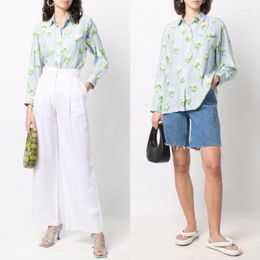 Women's Blouses 2023 Summer Women Texture Sense Pearl Satin Small Fresh Blue Bottom Green Jacquard Silk Long-sleeved Shirt