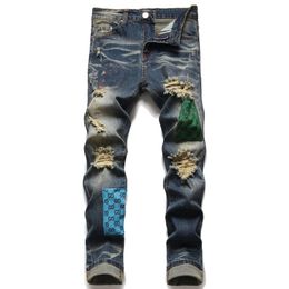 Mens Jeans Ripped Hole Patchwork Print Dyed Distressed Punk Denim Pants Hip Hop Slim Fit Elastic Trousers 230817