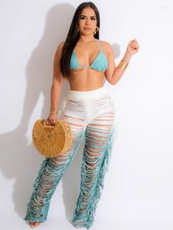 Women's Two Piece Pants KEXU Sexy Beach Set Bra Top And Hollow Out Tassel Side Knit Gradient Wide Leg Suit Outfit Tracksuit