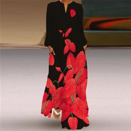 Basic Casual Dresses Plue Size Ladies Autumn Winter Long Dres Black Sleeve Vneck Elegant Party Leaf Print Vintage Dress 230817