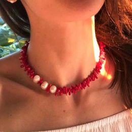 Hand knotted natural red coral branch white freshwater pearl necklace 18inches dangle earrings set