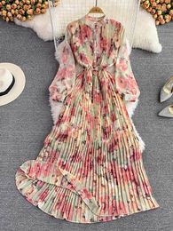 Basic Casual Dresses Spring Autumn Bohemian Women Tie Dye Printed Pleated Long Dress Boho Stand Collar Puff Sleeve High Waist Draped Maxi Vestido 230818