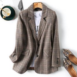 Womens Suits Blazers Women Fashion Plaid Coat Single Breasted Notched Neck Office Ladies Long Sleeve Jacket Blazer Mujer Female 230817