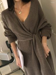 designer casual dresses for woman Knitted Clothing Elegant 2023 Winter Thick Sweater Dress Women Autumn Vintage Woman Solid Korean Warm Belt Vestido