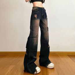 Women's Jeans Street Retro Old Asymmetric Pocket Design Hole Low Waist Thin Casual Female Pants