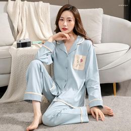 Women's Sleepwear Print Pocket Women 2PCS Cotton Stripe Pyjamas Sets Sexy Cardigan Pyjamas Suit Loungewear Nightwear Spring Home Clothes