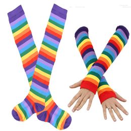 Women Socks Rainbow Striped Over-the-knee Stockings Feminine Thigh Women's Fingerless Arm Sleeve Stage Performance Costume Gloves