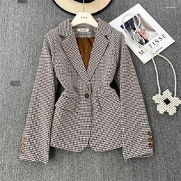 Women's Suits Spring Autumn Women Casual Brown Houndstooth Plaid Suit Jacket Notched Collar Single Button Long Sleeve Female Blazer Coat