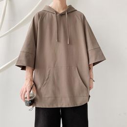 Men's T Shirts Solid Colour Hooded Shirt Men Summer Korean Short Sleeve Pullover Loose Casual T-shirt Streetwear Drawstring Tops Clothing