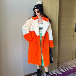 Women's Fur 2023 Winter Furry Coat Warm Long Faux Women Lapel Spliced White Orange Jacket Tops Female