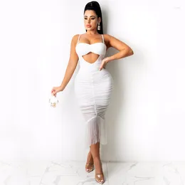 Casual Dresses Sexy Mesh Hollow Out Backless Bodycon Summer Tassel Off Shoulder Festival Clothes For Women Night Club Wear Midi