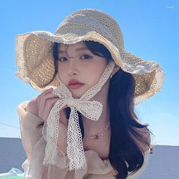 Wide Brim Hats Women Straw Hat Lace Ribbon Foldable Summer Beach Cap UV Protection Sun Large Bucket Sunscreen Holiday