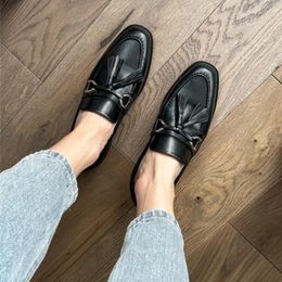 Dress Shoes Meotina INS ZA Women Loafers Genuine Leather Flat Metal Decoration Tassel Round Toe Lady Footwear Spring Autumn Black 43 230817