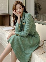 Two Piece Dress QOERLIN Elegant Woollen Autumn Winter 2 Sets Short Tweed Jacket Coat A-Line Skirt Suit Korean Outfit 2023