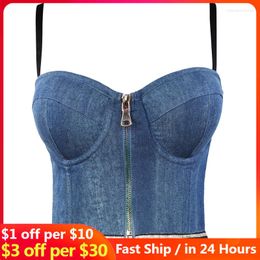 Women's Tanks High Street Outfit Crop Tops Women Stretch Denim Zippered Vest Top Sexy Push Up Tassels Plastic Bandeau Leisure Wholesale