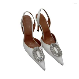 Style 2024 Spring Women's Sandals High-heeled Satin Real Leather Soles Rhinestone Pointed Thin Shoes For 82