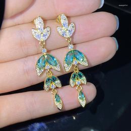 Stud Earrings 2023 Luxurious Leaves Earring For Women Lake Green Gemstone Tassel Diamond Zircon Silver Plate Valentine's Day Gift Jewellery