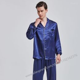 Men's Sleepwear 16 Momme Navy Mulberry Silk Pyjamas Two-Piece Set Mens Spring Summer Long Sleeve Pants Home PJS Male Sets