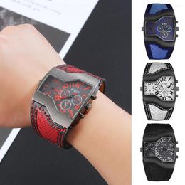 Wristwatches Men Quartz Watch Waterproof Big Dial Multiple Time Zone Digital Display Dual Movement Precise Timing Faux Leather Strap W