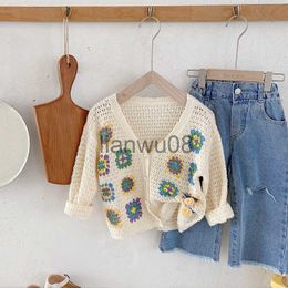 Pullover Spring Autumn New Children Knitting Cardigan Tops Kid Clothes Girl Baby Flower Hollow Out Long Sleeve Sweater Infant Casual Coat x0818