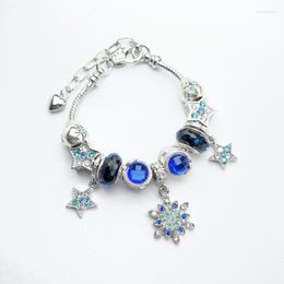 Link Bracelets Fashion Shine Luxury Blue Flower Pendant Star Artificial Zircon Beaded Alloy Bracelet Women Gift Jewellery