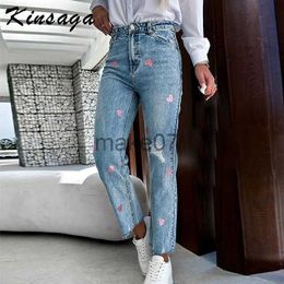 Women's Jeans Light Blue Heart Print Baggy Straight Jeans Women High Waist Ripped Washed High Waist Denim Pants Office Lady Slouchy Trousers J230818