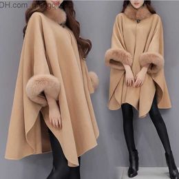 Women's Wool Blends Women Capes Cloak Fur Neck Design Womens Winter Clothing Outerwear Tops Loose Fashion Coats Capes Ladies Wool Blends Coats S-3XL Z230818