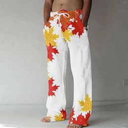 Men's Pants Indoor House Male Summer Breathable Linen Like Trousers All Print Printed Tether Wide Leg