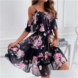 Basic Casual Dresses Sundress Women Off Shoder Flower Print Dress 2022 Boho Spaghetti Strap Floral Female Elegant A Line Holiday P Dh6Sg