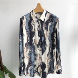 Women's Blouses 2023 Early Autumn Women Vintage Chinese Ink Printed Silk Double Qiao Satin Long Sleeve Shirt