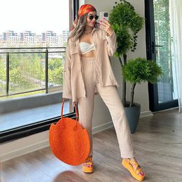 Women's Two Piece Pants Autumn Casual Sets Single Breasted Polo Neck Long Sleeves Shirt Suit High Waist Small Leg Trousers Set For Women